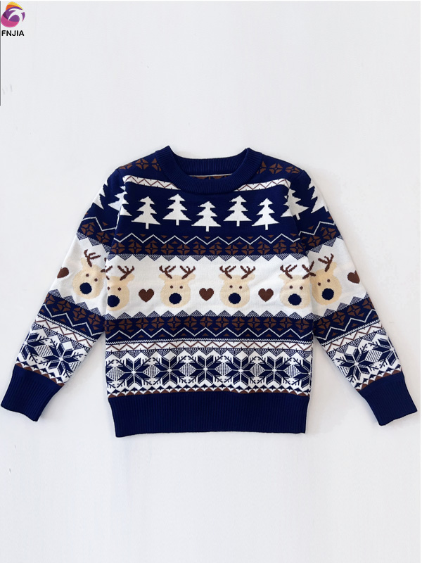 Темно-синий жаккардовый свитер вязаный детский рождественский свитер
