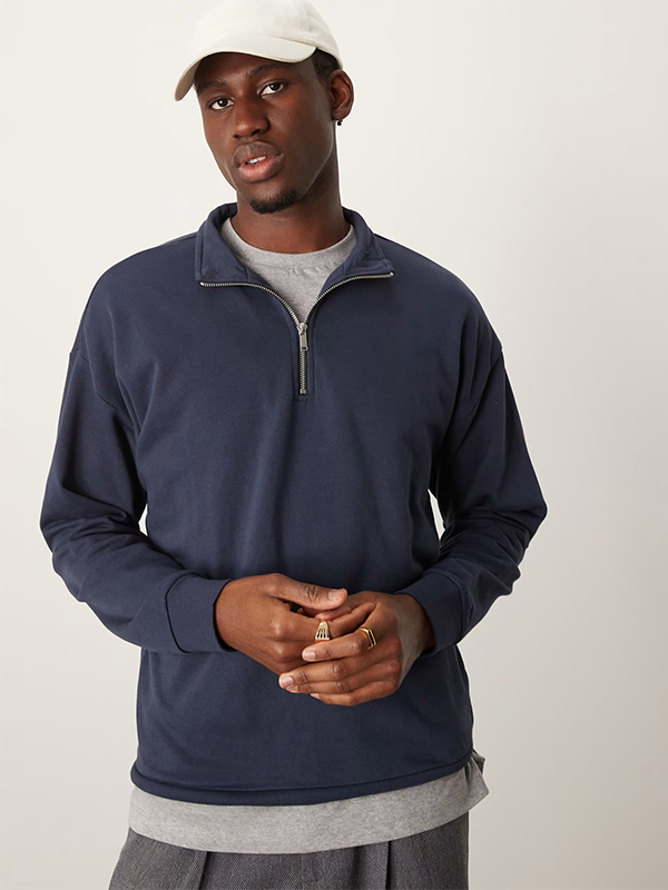 Темно-синий пуловер на молнии 1/4, вязаный мужской свитер