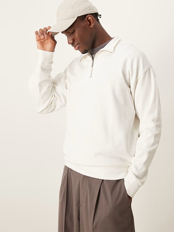 Белый вязаный пуловер на молнии 1/4, мужской трикотаж Вязаный пуловер из мужского трикотажа