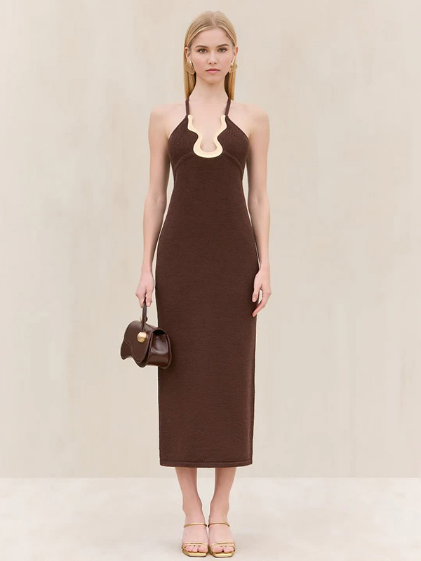 Коричневое трикотажное платье с открытыми плечами, перекрещивающимися крест-накрест, высокой талией, облегающим силуэтом на груди, длиной Миди, Элегантный фасон