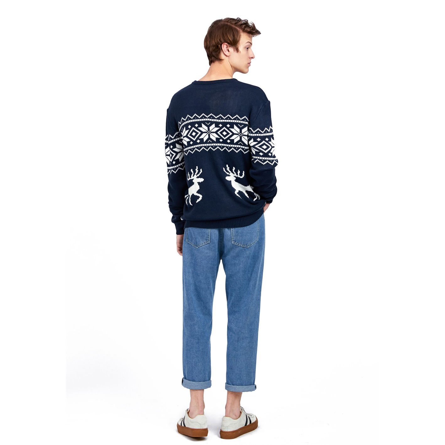 Мужской вязаный жаккардовый рождественский свитер FNJIA с рисунком оленя по индивидуальному заказу