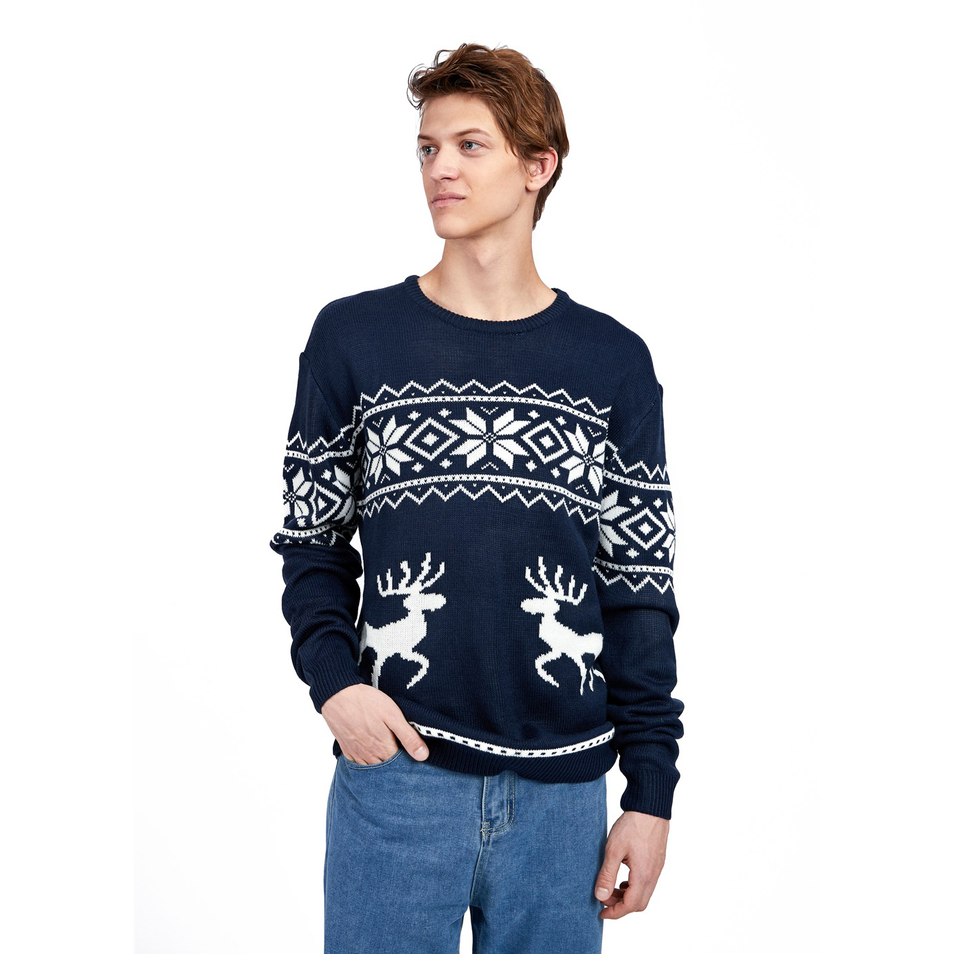 Мужской вязаный жаккардовый рождественский свитер FNJIA с рисунком оленя по индивидуальному заказу