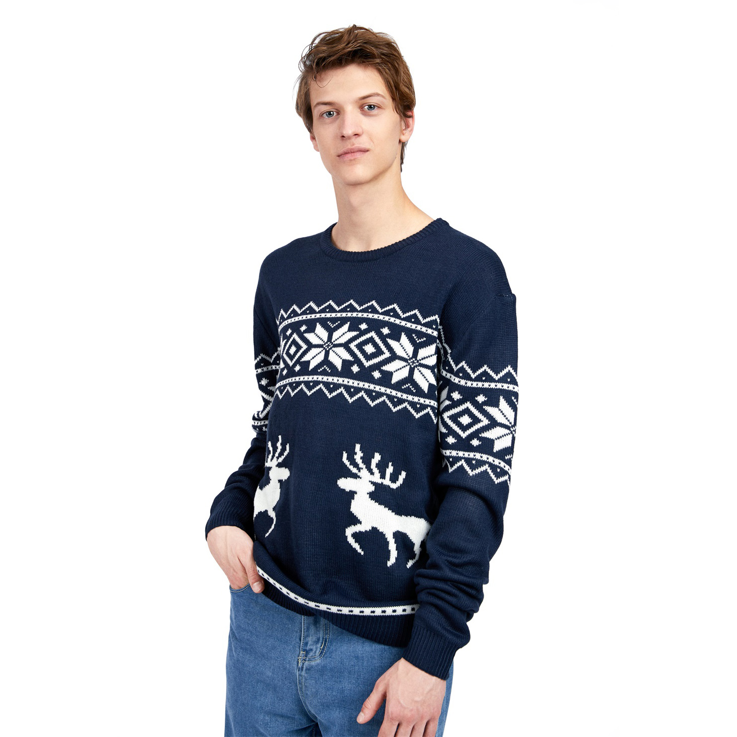 Мужской вязаный жаккардовый рождественский свитер FNJIA с рисунком оленя по индивидуальному заказу