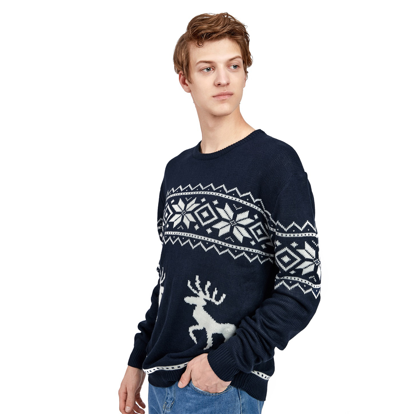 Мужской вязаный жаккардовый рождественский свитер FNJIA с рисунком оленя по индивидуальному заказу