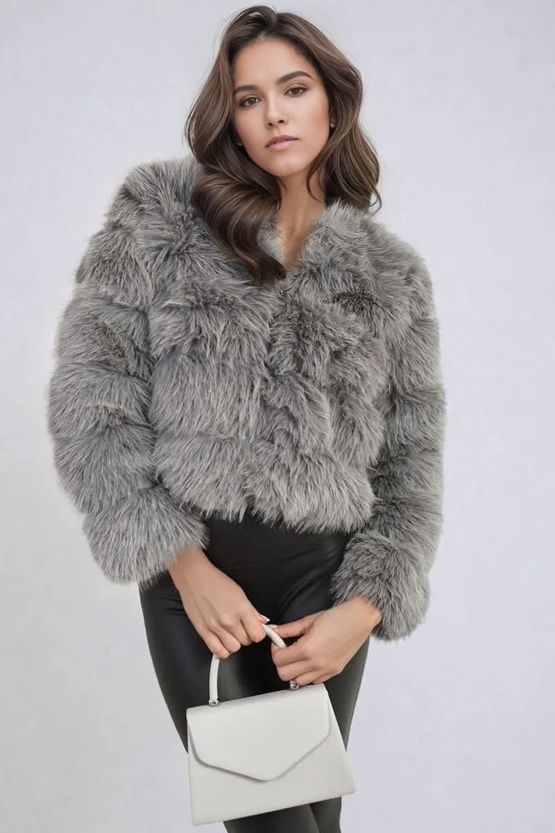 Фабричное пушистое пальто для женщин, зимнее теплое укороченное пальто большого размера, Куртка с капюшоном, Модная снаружи короткая шуба из искусственного меха