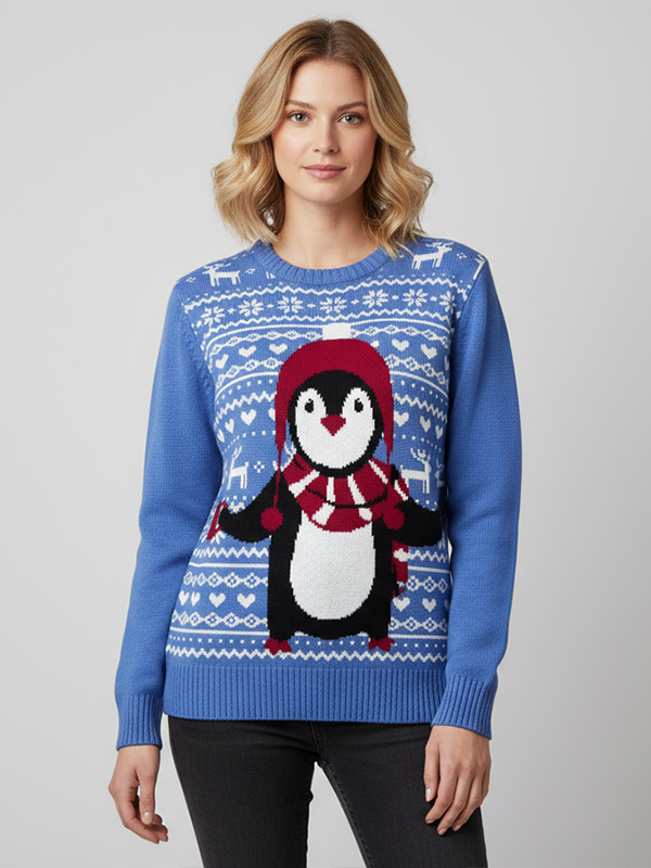Изготовленный на заказ Рождественский свитер Fnjia для женщин с рисунком голубого пингвина, Рождественский джемпер