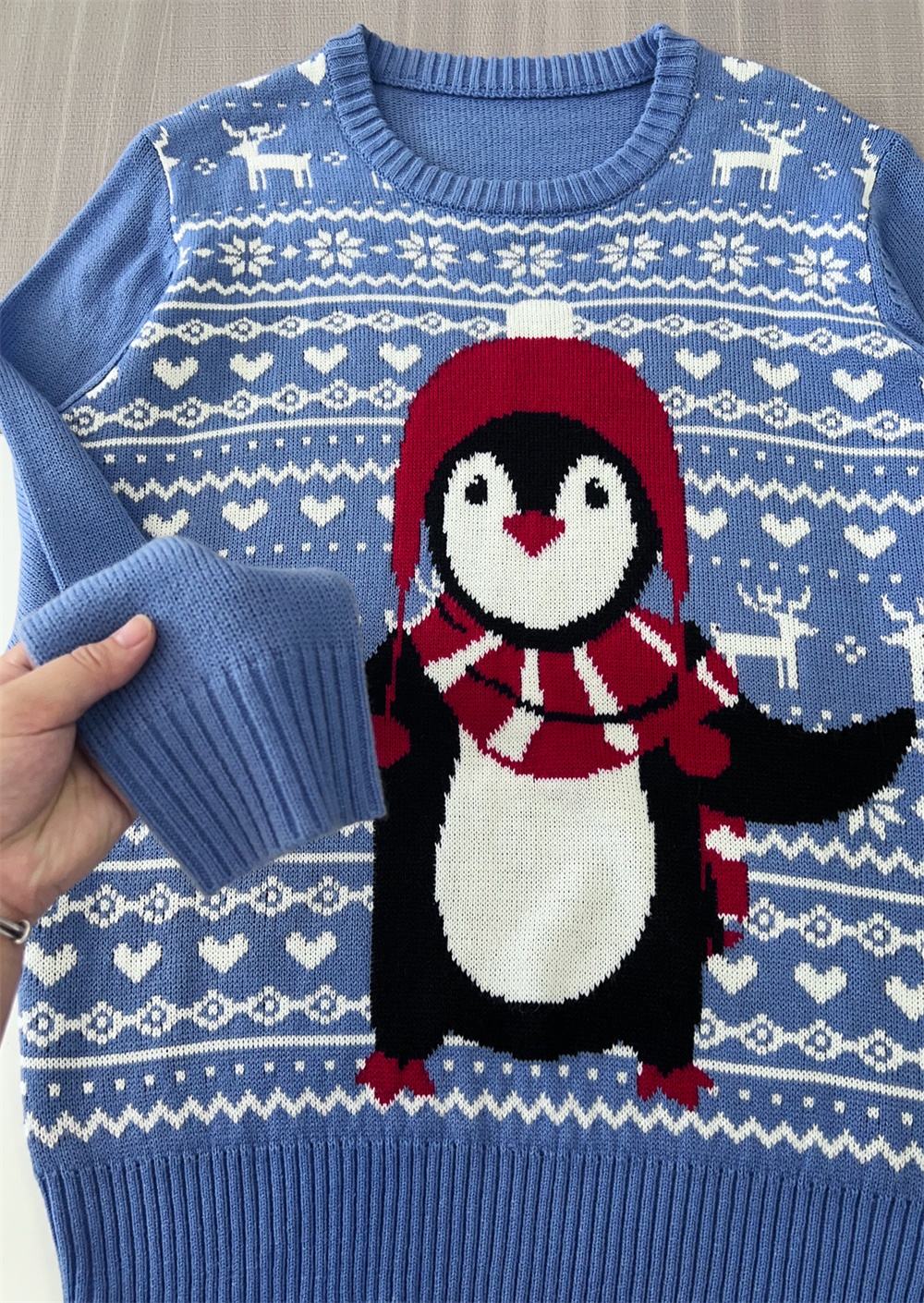 Изготовленный на заказ Рождественский свитер Fnjia для женщин с рисунком голубого пингвина, Рождественский джемпер