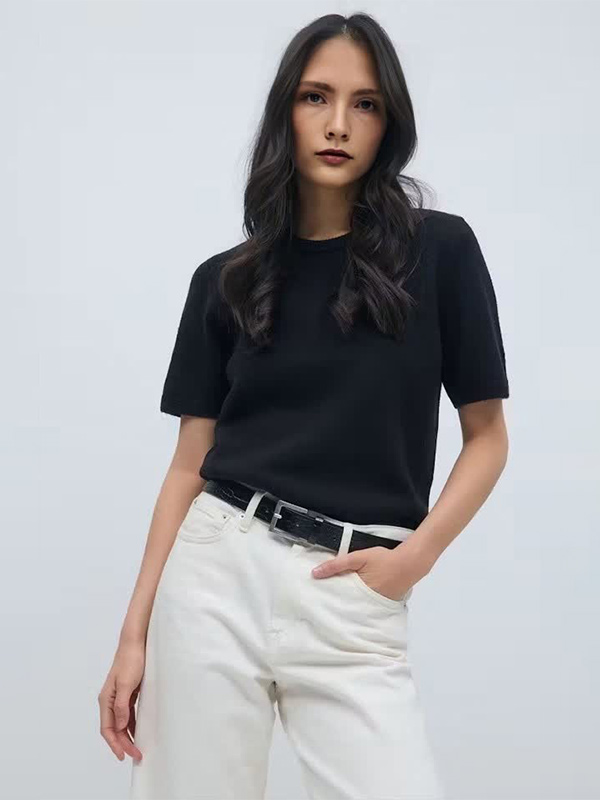 Изготовленные на заказ женские топы FNJIA с короткими рукавами и круглым вырезом вязаная футболка