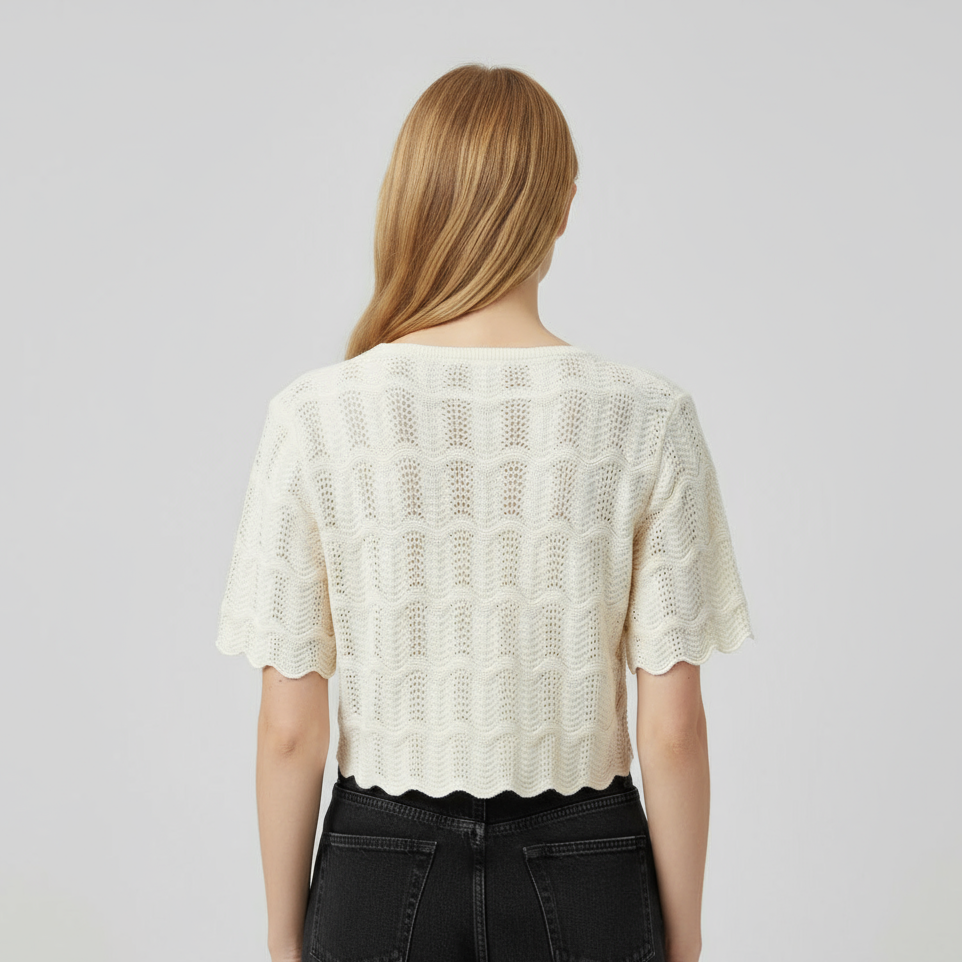 Женский вязаный кардиган с вырезами на заказ: Фестончатый край, V-образный вырез, жемчужные пуговицы для придания шика