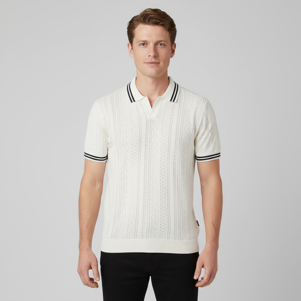 Мужская белая трикотажная рубашка поло на заказ с полосатыми деталями для B2B-пошива