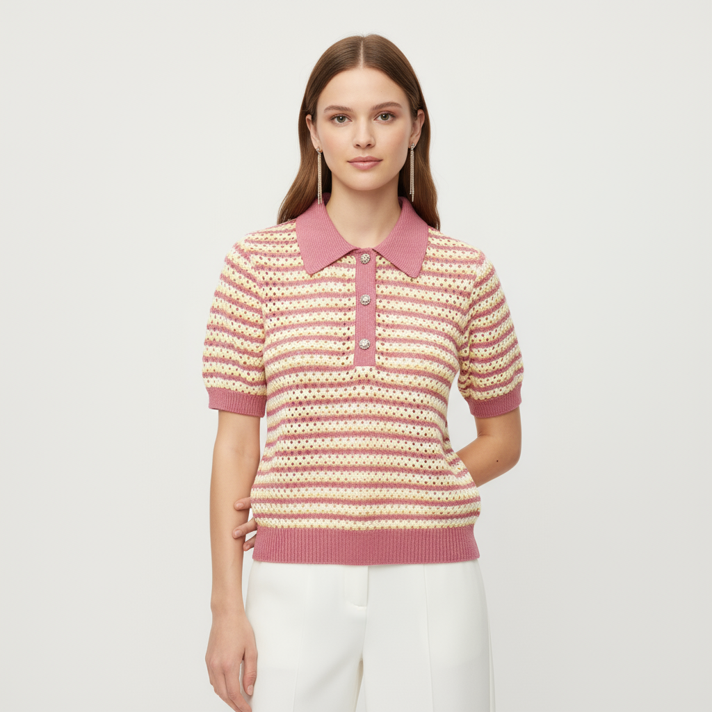 Женская рубашка поло в полоску, вязаная крючком, - топ с воротником и короткими рукавами и декоративными пуговицами