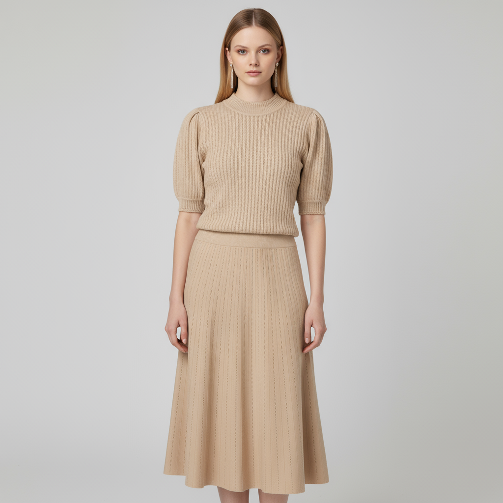 Женский вязаный комплект бежевого цвета на заказ: Топ с пышными рукавами и расклешенная юбка миди для придания элегантности