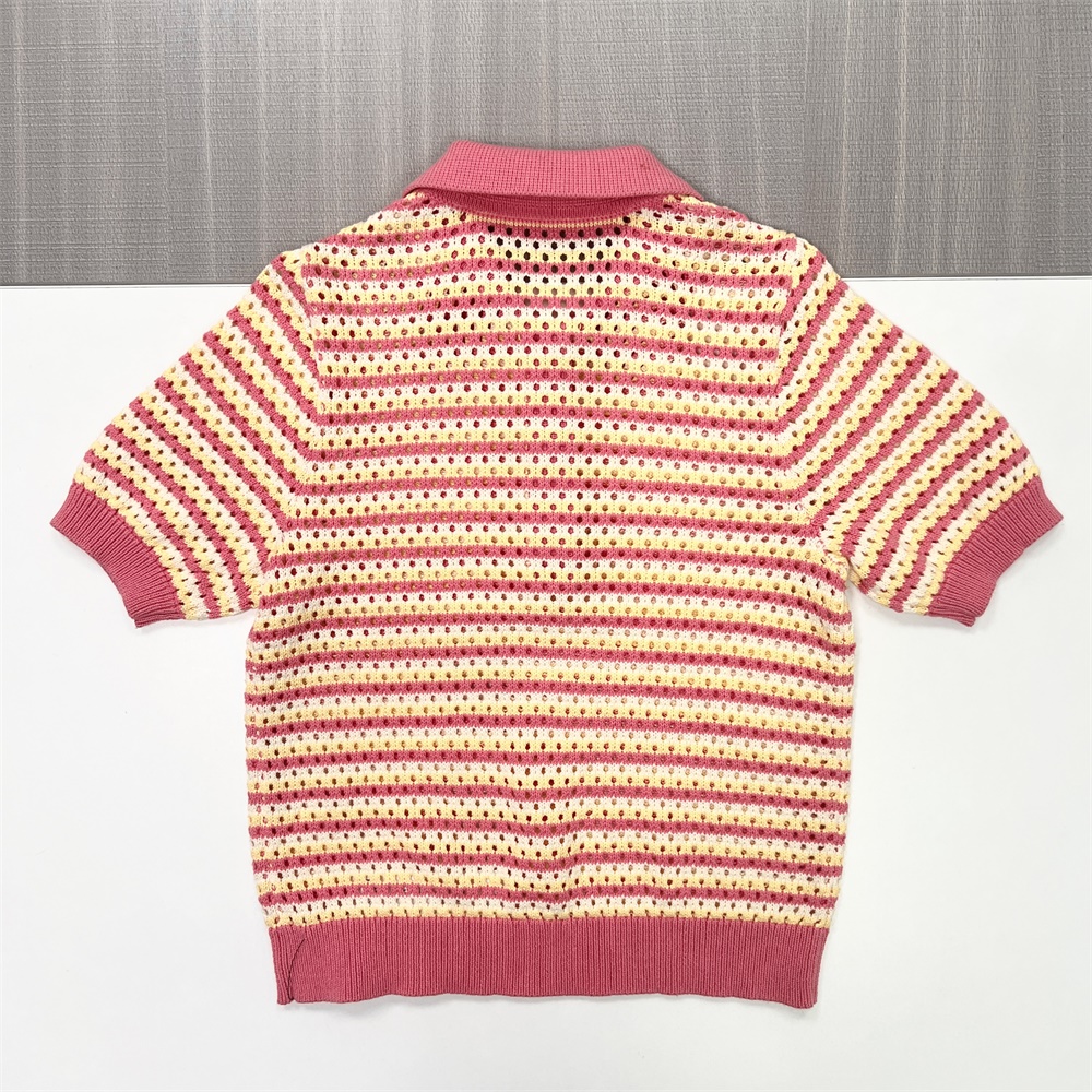 Женская рубашка поло в полоску, вязаная крючком, - топ с воротником и короткими рукавами и декоративными пуговицами
