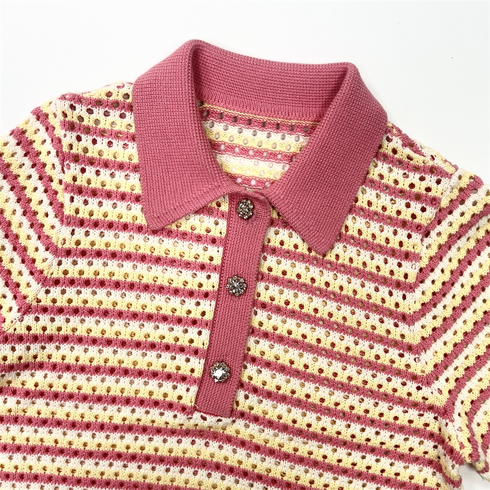 Женская рубашка поло в полоску, вязаная крючком, - топ с воротником и короткими рукавами и декоративными пуговицами