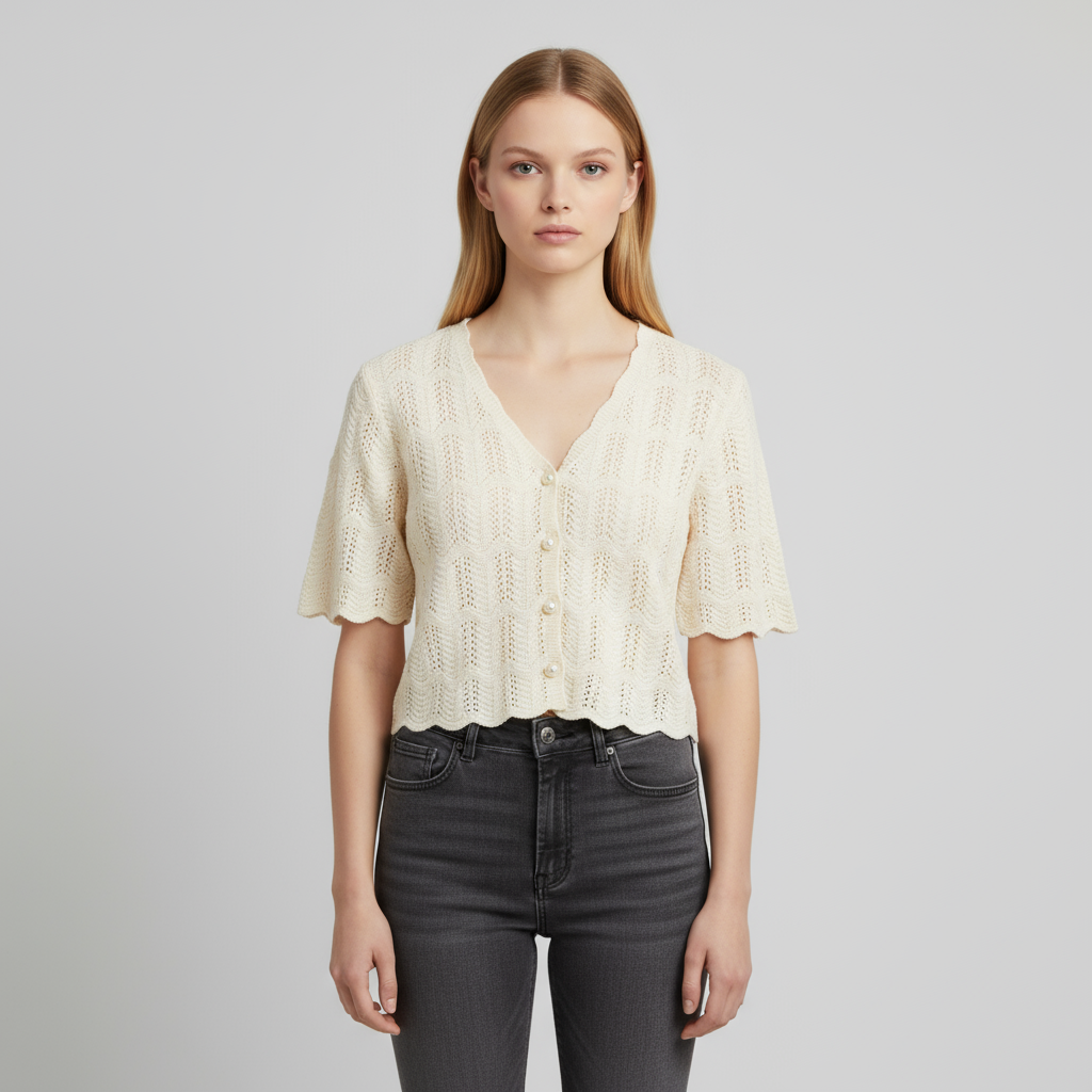 Женский вязаный кардиган с вырезами на заказ: Фестончатый край, V-образный вырез, жемчужные пуговицы для придания шика