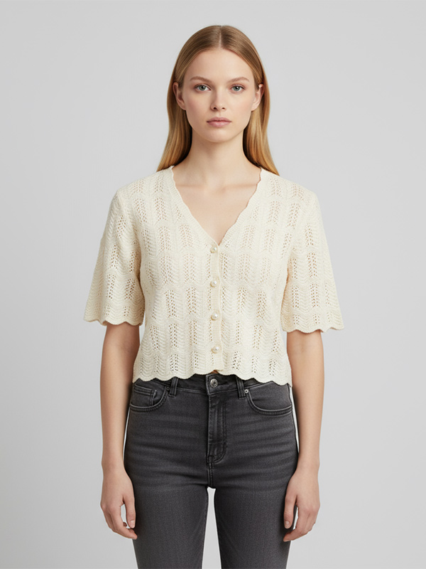 Женский вязаный кардиган с вырезами на заказ: Фестончатый край, V-образный вырез, жемчужные пуговицы для придания шика