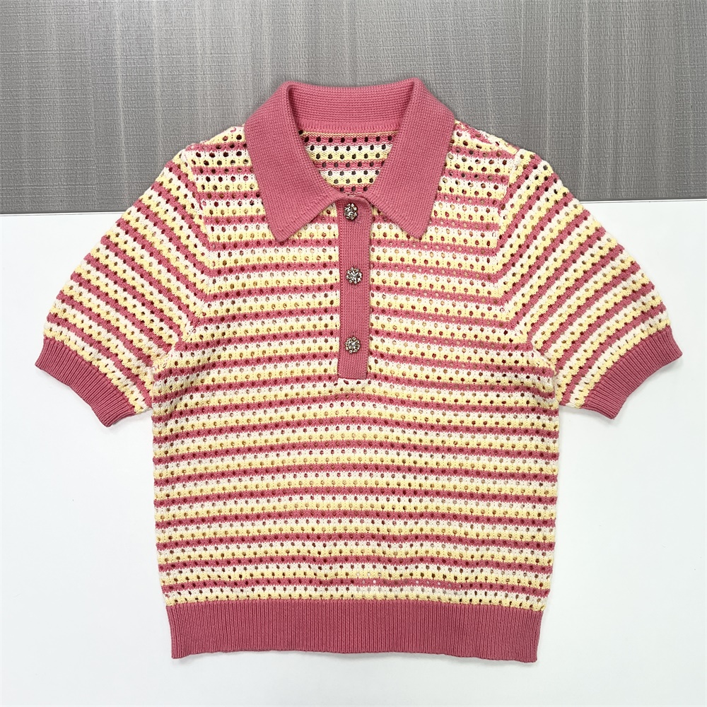 Женская рубашка поло в полоску, вязаная крючком, - топ с воротником и короткими рукавами и декоративными пуговицами