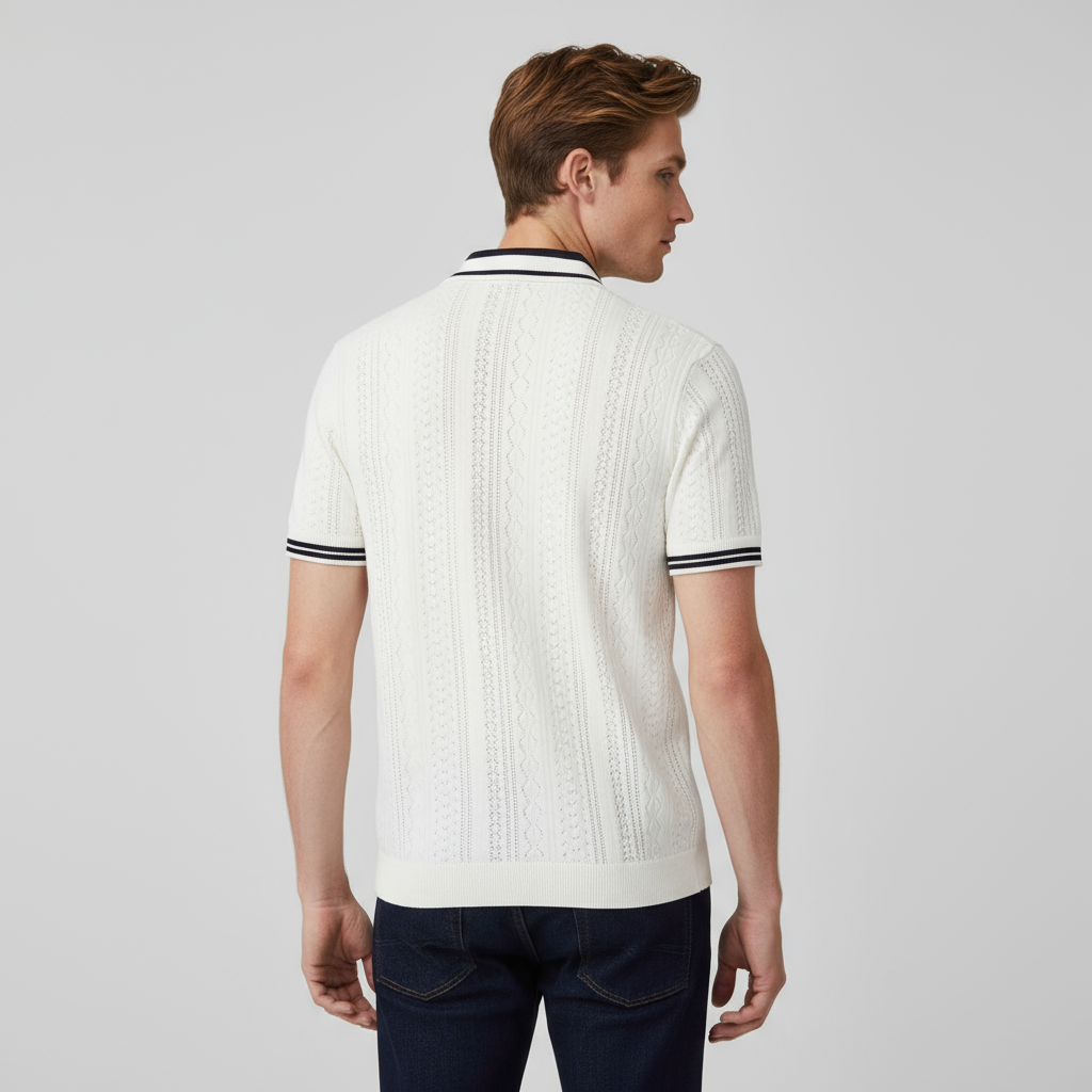 Мужская белая трикотажная рубашка поло на заказ с полосатыми деталями для B2B-пошива