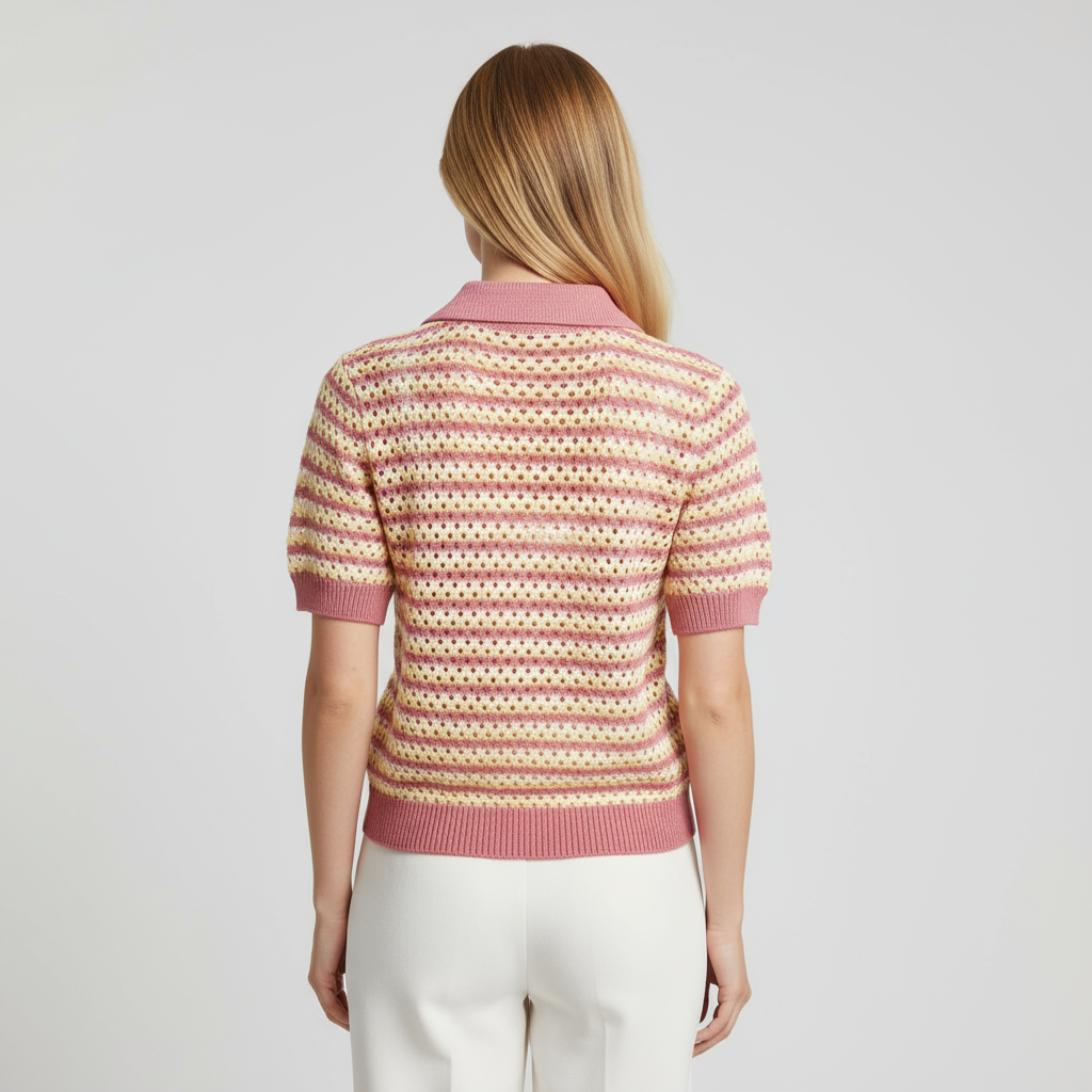 Женская рубашка поло в полоску, вязаная крючком, - топ с воротником и короткими рукавами и декоративными пуговицами