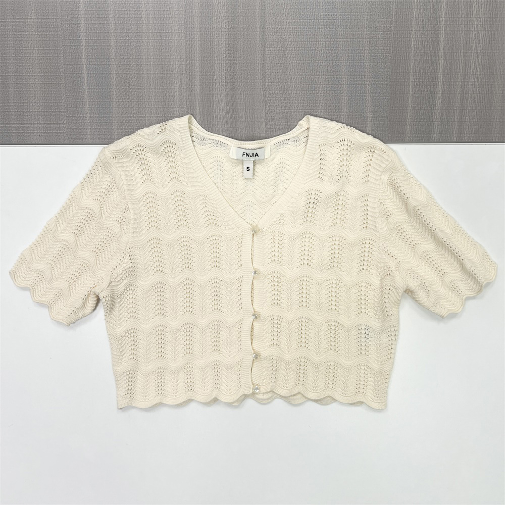 Женский вязаный кардиган с вырезами на заказ: Фестончатый край, V-образный вырез, жемчужные пуговицы для придания шика