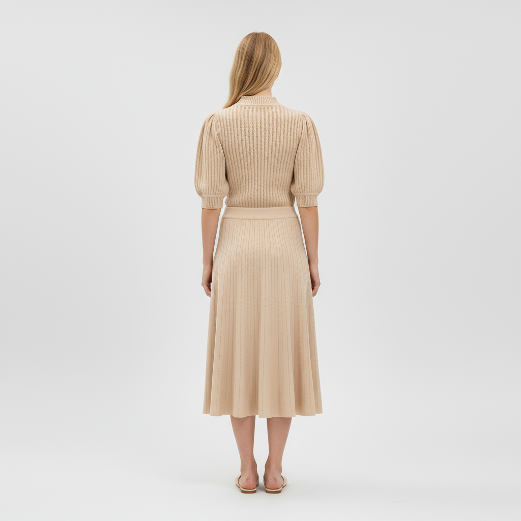 Женский вязаный комплект бежевого цвета на заказ: Топ с пышными рукавами и расклешенная юбка миди для придания элегантности
