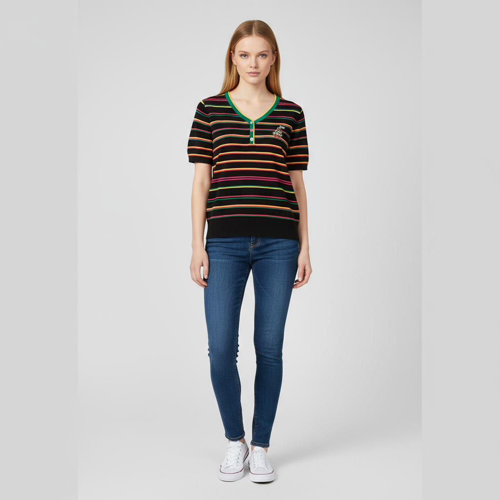 Вязаная футболка в разноцветную полоску на заказ: V-образный вырез, вышитая деталь, Короткий рукав