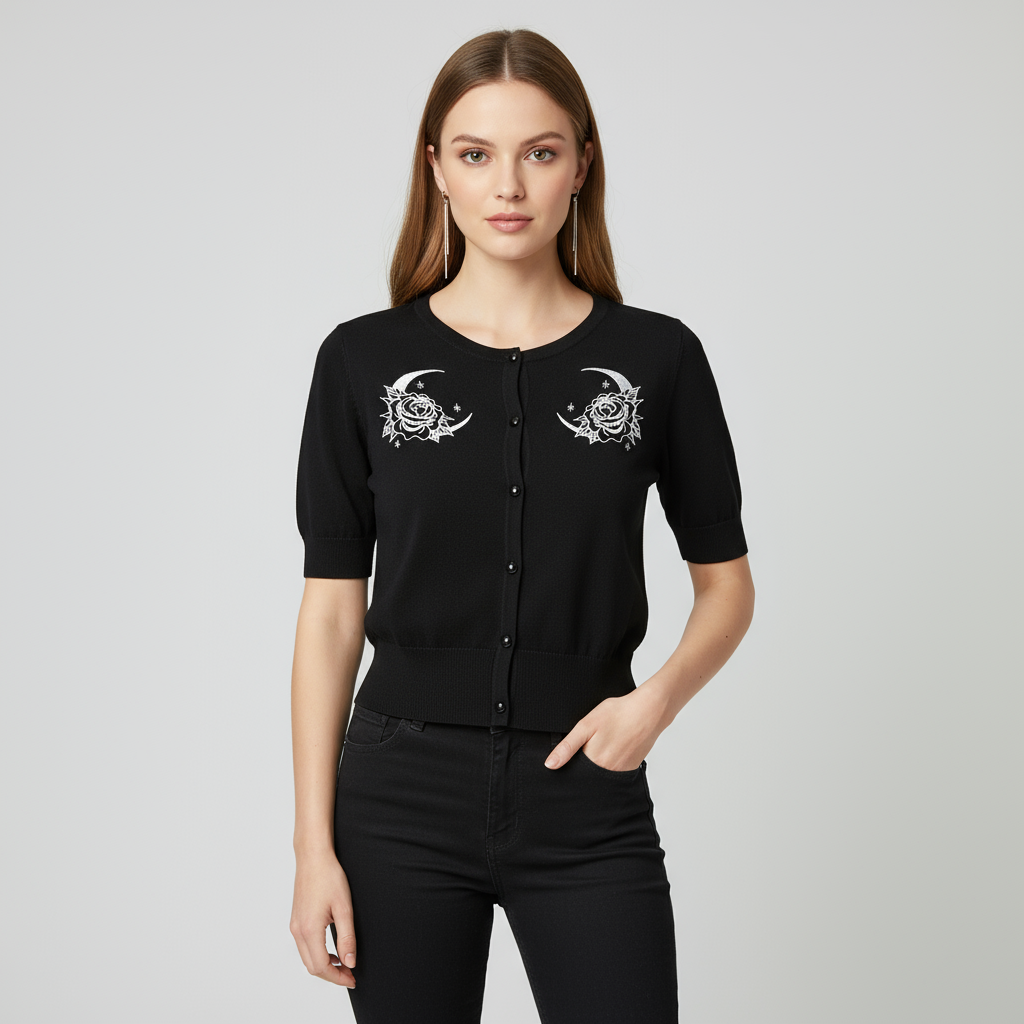 Вязаный кардиган на заказ: Вышивка в виде Луны и розы, Короткий рукав, застежка на пуговицы
