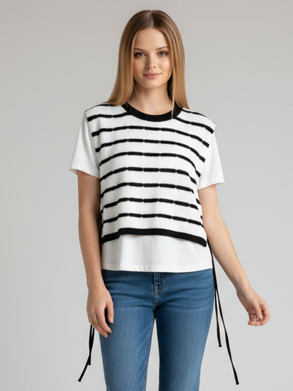 Комплект вязаного жилета в полоску на заказ: Футболка с коротким рукавом, завязки сбоку, многослойный дизайн