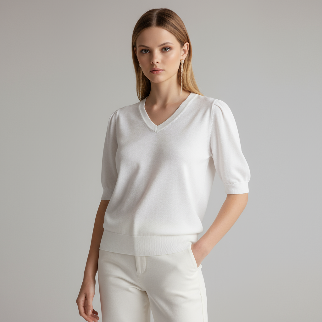 Изготовленная на заказ белая трикотажная футболка с V-образным вырезом: Пышный рукав, приталенный крой, Минималистичный дизайн