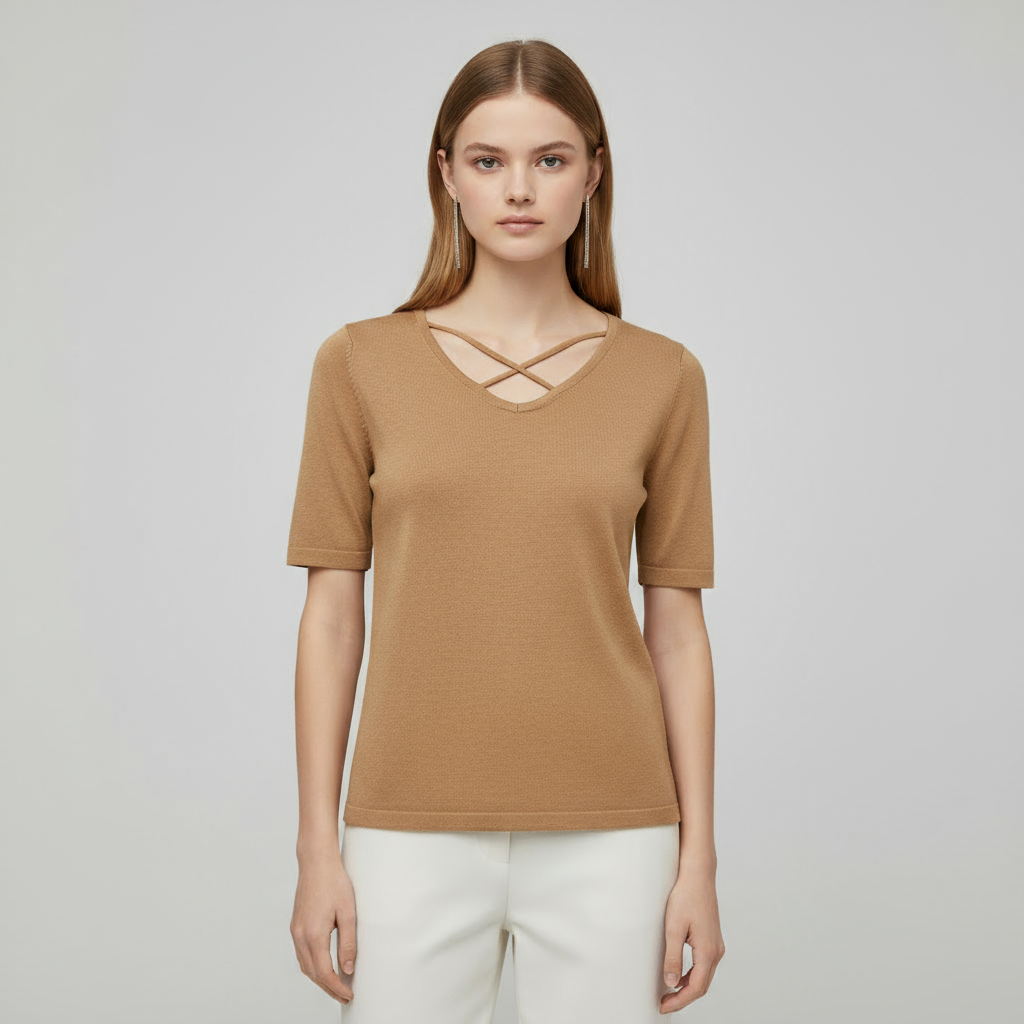 Вязаная футболка на заказ: V-образный вырез крест-накрест, короткий рукав, Элегантный дизайн