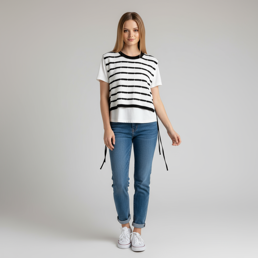 Комплект вязаного жилета в полоску на заказ: Футболка с коротким рукавом, завязки сбоку, многослойный дизайн