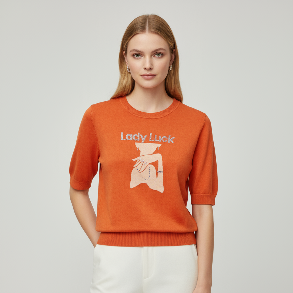 Трикотажная футболка с индивидуальными украшениями: Оранжевая, Короткий рукав, Художественный жаккардовый дизайн