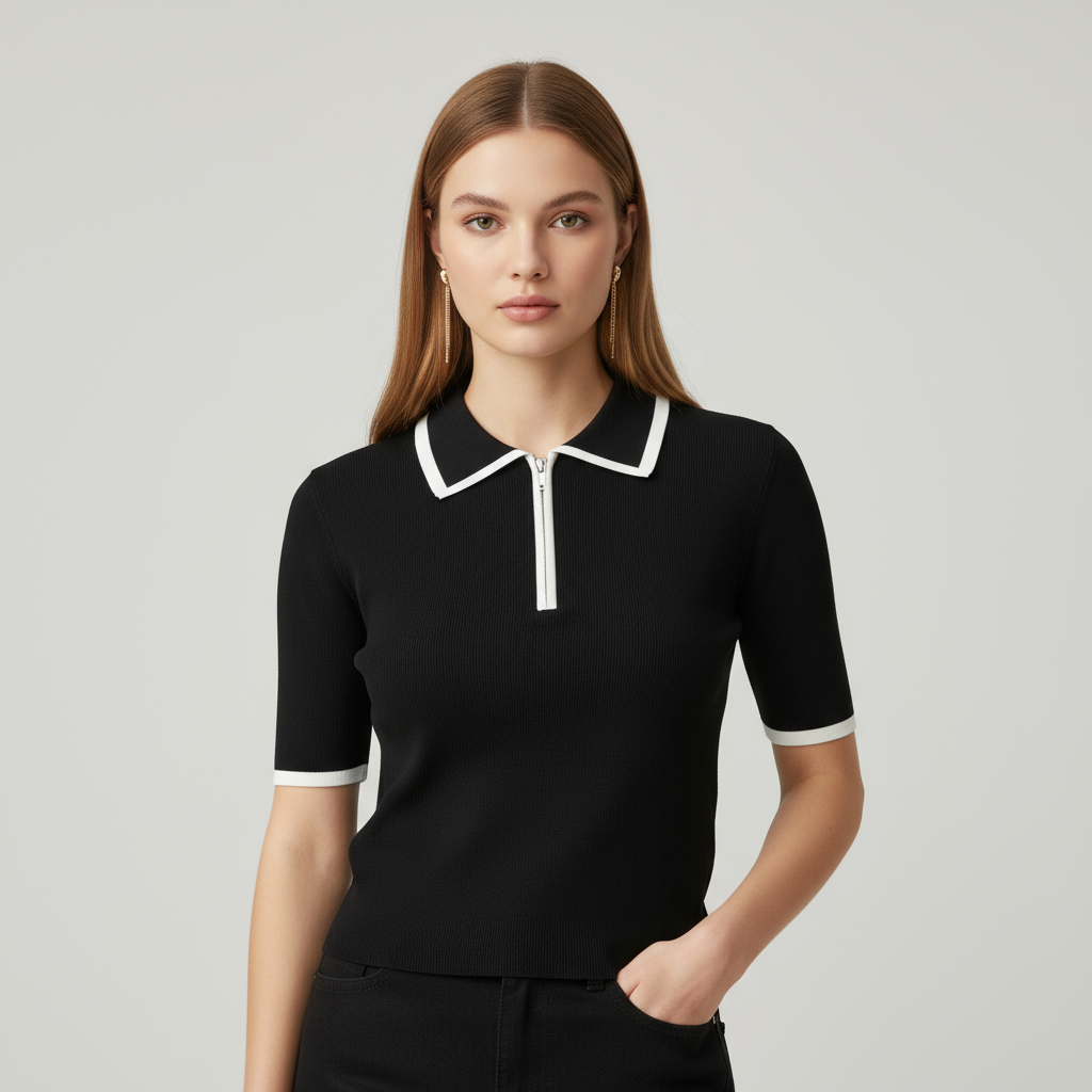 Трикотажная футболка-поло на заказ: Белая отделка, Воротник на молнии, Короткий рукав