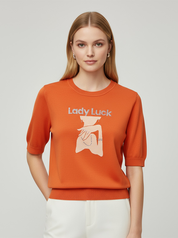 Трикотажная футболка с индивидуальными украшениями: Оранжевая, Короткий рукав, Художественный жаккардовый дизайн