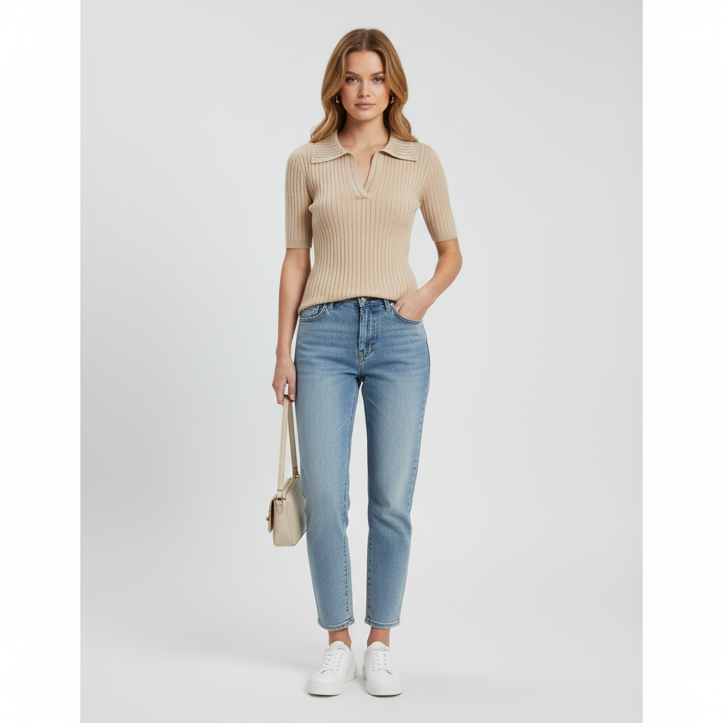 Футболка-поло из трикотажа на заказ: Текстурированный воротник, V-образный вырез, приталенный крой в рубчик