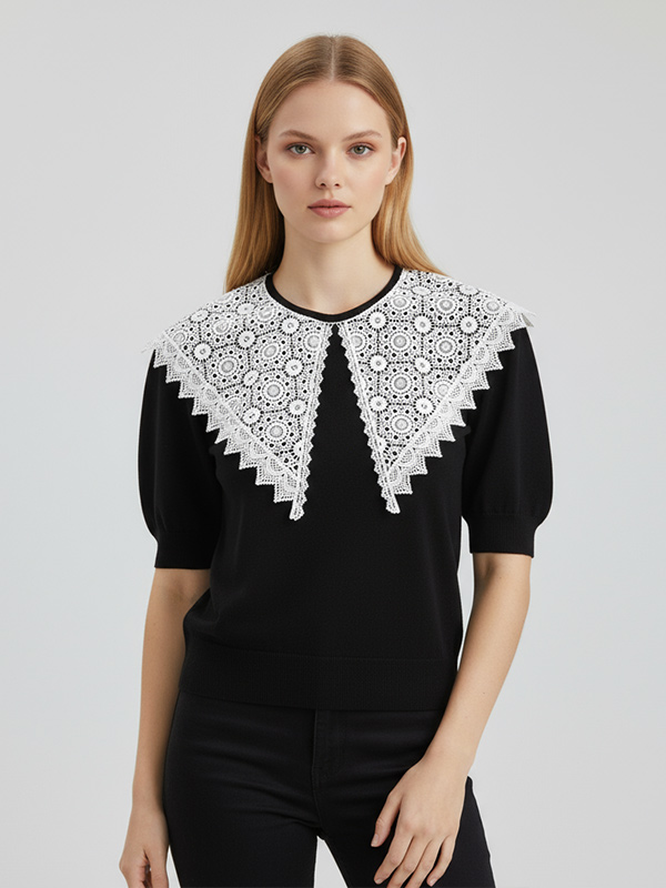 Вязаная футболка на заказ с белым кружевным воротником: Пышный рукав, художественный дизайн крючком