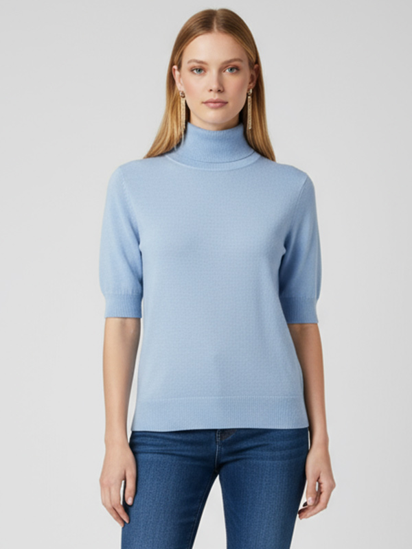 Вязаный свитер с высоким воротом на заказ: Короткий рукав, элегантный дизайн с пышными деталями