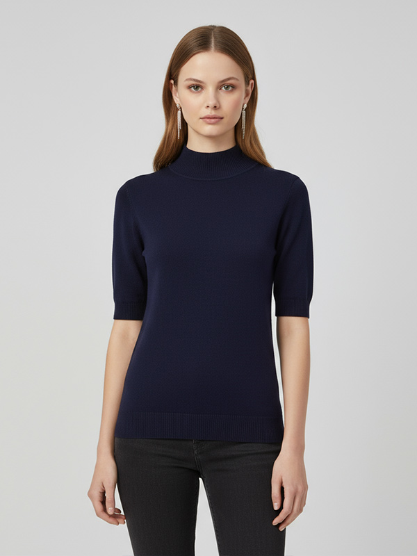 Трикотажная футболка с имитацией шеи: Короткий рукав, приталенный крой, Элегантный дизайн