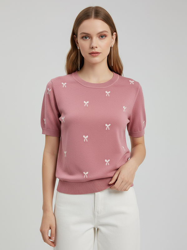 Трикотажная футболка с вышивкой бантом на заказ: Круглый вырез, короткий рукав, Романтичный дизайн