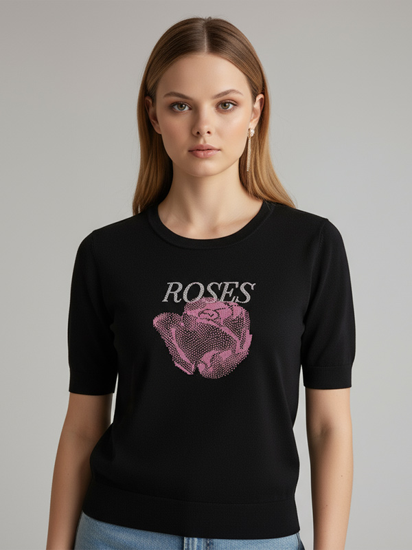 Трикотажная футболка с рисунком розы на заказ: Круглый вырез, короткий рукав, оригинальный дизайн