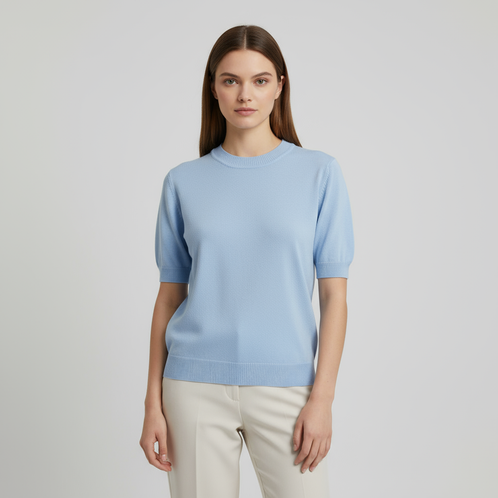 Изготовленная на заказ трикотажная футболка с круглым вырезом горловины: Короткий рукав, пышные детали, Минималистичный дизайн