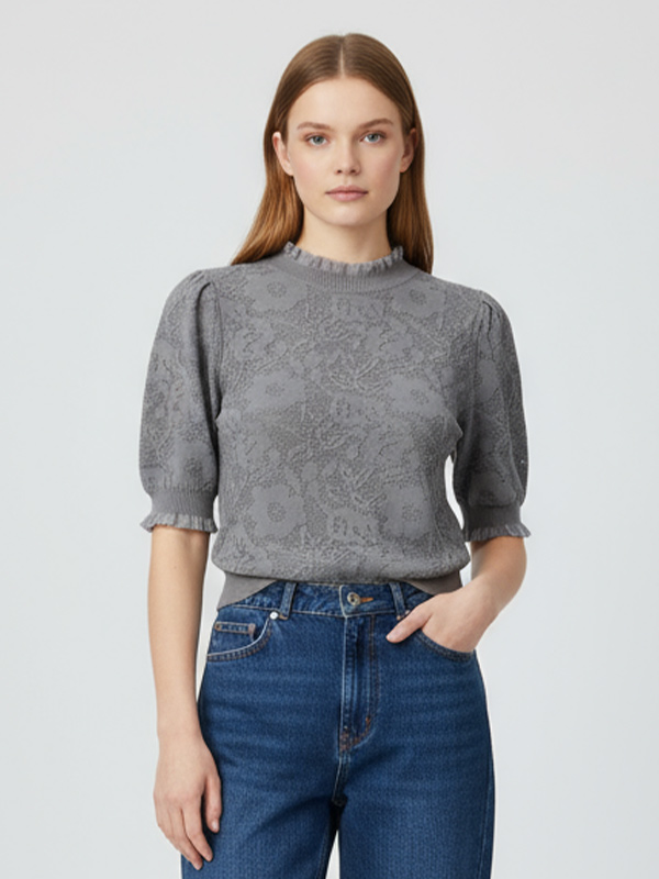 Футболка из кружевного трикотажа на заказ: Гофрированный вырез, пышные рукава, Элегантный дизайн