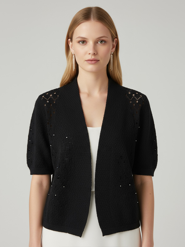 Вязаный кардиган с петельками по индивидуальному заказу: Открытая передняя часть, Короткий рукав, Элегантный дизайн