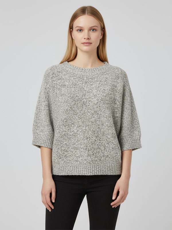 Футболка из мраморного трикотажа: Рукав 3/4, приталенный крой, круглый вырез горловины