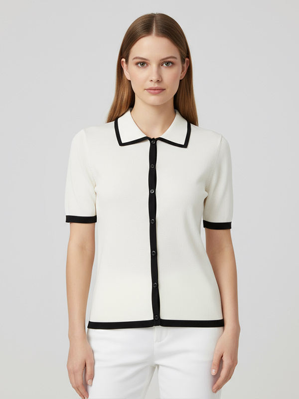 Трикотажная рубашка с контрастной отделкой на заказ: Воротник-поло, короткий рукав, застежка на пуговицы