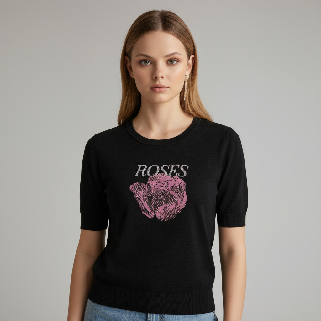 Трикотажная футболка с рисунком розы на заказ: Круглый вырез, короткий рукав, оригинальный дизайн