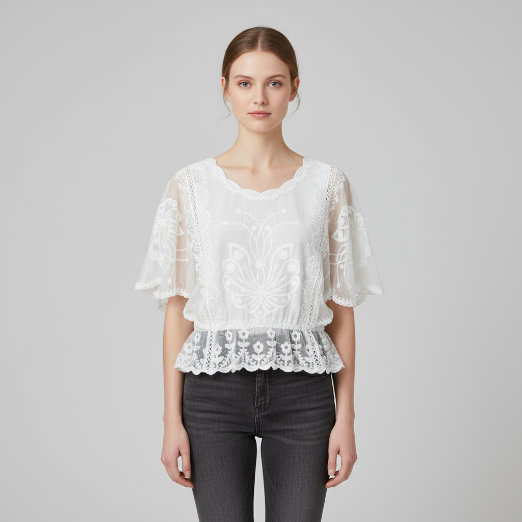 Кружевная блузка с вышивкой по индивидуальному заказу: Вырез в виде гребешка, развевающийся рукав, Романтичный дизайн