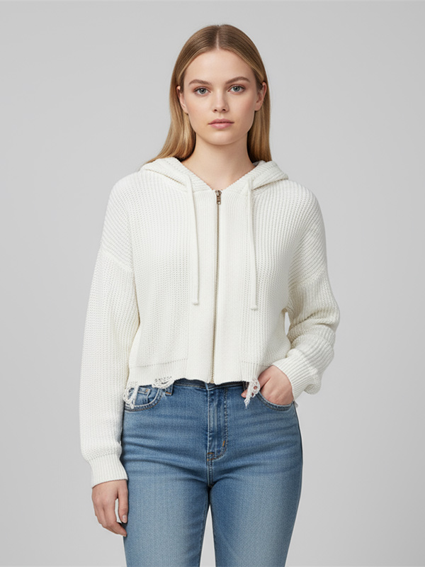 Толстовка с капюшоном из трикотажа на молнии, сшитая по индивидуальному заказу: Укороченный крой, цвет слоновой кости, острый повседневный дизайн