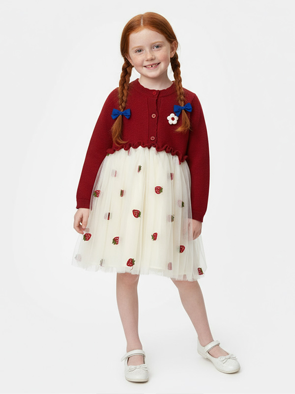 Индивидуальное платье для девочек из трикотажа и тюля: Красный кардиган, клубничный принт, причудливый дизайн