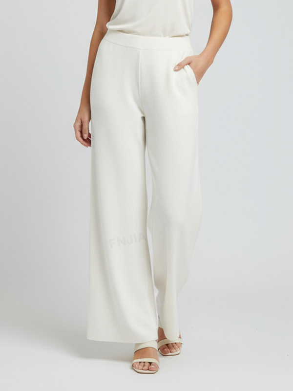 Широкие брюки из кремового трикотажа на заказ: Эластичный пояс, свободный крой, элегантный дизайн